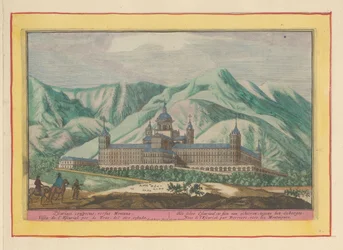 Vista trasera del Escorial El auto Escorial; para ser visto desde atrás, contra las Montañas (título sobre el objeto) Theatrum Hispaniae (...) (título de serie)