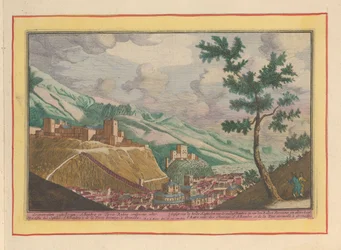 Vista de Granada y los edificios de la Alhambra Gesigt de los dos castillos de Granada, Alhambre y van den Rooden Tooren; desde otro lado (título en objeto) Theatrum Hispaniae (...) (título de serie)