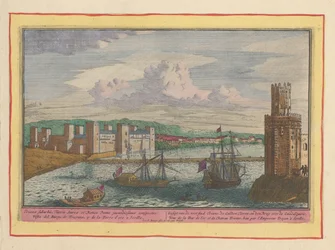Vista de la Torre del Oro y el suburbio de Triana cerca de Sevilla Gesigt del arrabal de Triane, el Gulden Tooren y el Puente sobre el Guadalquivir (título sobre objeto) Theatrum Hispaniae (...) (título de serie)