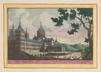 Vista de la espalda del Escorial El selve Monasterio de S. Laurens; visible desde atrás en sy (título en objeto) Theatrum Hispaniae (...) (título de serie)