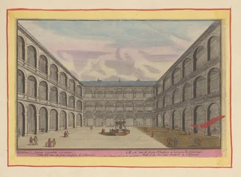 Vista del patio de uno de los monasterios del Escorial Uno de los Siete Monasterios en el Escurial reportado (título sobre objeto) Theatrum Hispaniae (...) (título de serie)