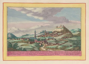 Vista del lugar Vélez-Málaga en Andalucía Vélez Mallaga, un pueblo de Granada, en la montaña, no lejos del mar, debajo de Mallaga (título sobre objeto) Theatrum Hispaniae (...) (título de serie)