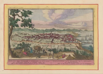 Vista de la ciudad de Barcelona Barcelona, ​​fundada por los Kartaginenser en el mar Mediterráneo, en Cataluña (...) (título sobre objeto) Theatrum Hispaniae (...) (título de serie)