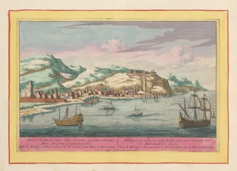 Vista de la ciudad de Málaga sobre el Mar Mediterráneo Mallaga, antigua y fortificada Ciudad de Granada, a orillas del Mediterráneo (título sobre objeto) Theatrum Hispaniae (...) (título de serie)