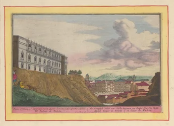 Vista del Alcázar de Toledo y la ciudad El Palacio Real de Toledo; iniciado por Keizer Karel de Vyfde (título sobre el objeto) Theatrum Hispaniae (...) (título de serie)