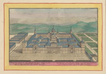 El Escorial a vista de pájaro El Escuriaal, o Monasterio Heerlyke de S. Laurentius, en su totalidad: construido en el año 1557 por el rey Felipe II (título sobre objeto) Theatrum Hispaniae (...) (título de serie)