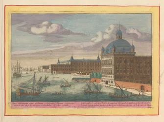 Vista del Palacio Real de Lisboa Los palacios de don Pedro, rey de Portugal, en Lisboa, en el Tajo siede (título sobre objeto) Theatrum Hispaniae (...) (título de serie)