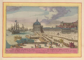 Vista del Palacio Real de Lisboa y la explanada con gente La Corte Real, en Lisboa; Zeewaartz (título sobre el objeto) Theatrum Hispaniae (...) (título de serie)