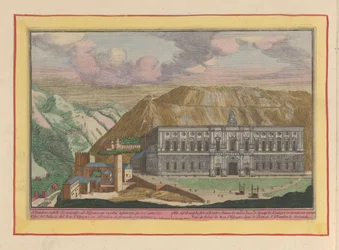 Vista del Palacio de Carlos V en Granada El Castillo Africano Alhambre, dentro de Granada; renovado por los reyes españoles; van vooren (título sobre objeto) Theatrum Hispaniae (...) (título de serie)