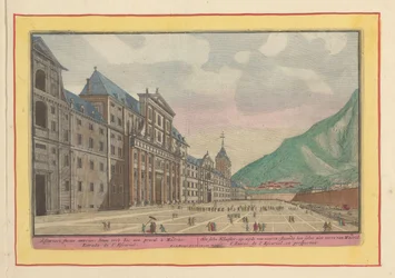 Vista de la explanada y fachada del Escorial El claustro propio, en el lateral de la fachada; de pie no lejos de Madrid (título sobre objeto) Theatrum Hispaniae (...) (título de serie)