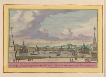 Gran estanque con naves en los jardines del Palacio del Buen Retiro de Madrid Groote Waterplaats, en el Retiro (título sobre objeto) Theatrum Hispaniae (...) (título de serie)