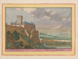 Kasteel van Segovia Het Hof nevens de sterke Wagt-tooren te Segovia / Regia et Excubitorum turris Segovia (título sobre objeto) Teatro de España (...) (título de serie)