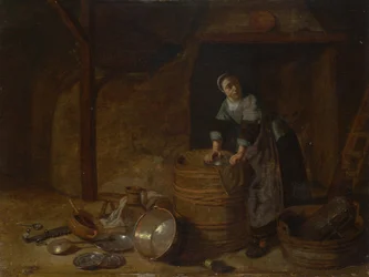 Una mujer fregando una olla, c. 1650-1660