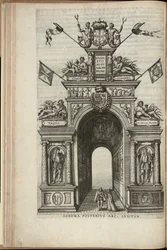Ríos Tajo, Plata, Ganges e Hydaspes. La cara posterior del arco triunfal portugués, Entrada de Ernst, archiduque de Austria, en Amberes, publicado en 1595 (grabado)