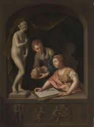 Una niña dibujando y un niño cerca de una estatua de Venus
Una estatua de Venus, con una niña dibujando y un niño