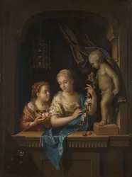 Dos chicas con flores junto a una estatua de Cupido
Dos chicas con flores junto a una estatua de Cupido