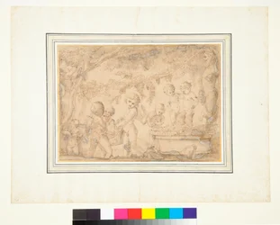 Putti y sátiros infantiles prensando uvas