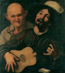 Un guitarrista y un anciano atendiendo (óleo sobre lienzo)
