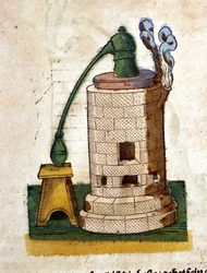 Alquimia: Aparato para destilación. Grabado de un libro de Pietro Andrea Mattioli (Matthiole) (1500-1577). Frankfurt