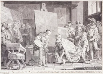 El emperador Carlos V recogiendo el pincel de Tiziano