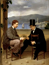 Dos jugadores de morra, un hombre con sombrero de copa y cigarro sentado en una silla. Pintura de Pietro Barabino (1822-1869) 1865