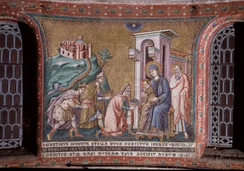 Adoración de los Magos, mosaico del ábside de Pietro Cavallini, finales del siglo XIII, Roma, Iglesia Santa Maria in Trastevere