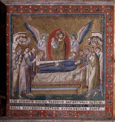 El mosaico de la dormición del ábside de Pietro Cavallini (activo alrededor de 1273-1330) finales del siglo XIII (Tránsito de la virgen, mosaico del ábside por Pietro Cavallini, finales del siglo XIII) Roma, Iglesia Santa María en Trastevere Italia