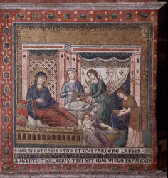 El nacimiento de María. Mosaico del ábside de Pietro Cavallini (activo alrededor de 1273-1330) finales del siglo XIII. Roma, Iglesia Santa Maria in Trastevere, Italia