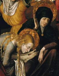 Descendimiento de la Cruz (Deposizione), detalle de María Magdalena abrazando los pies de Cristo, principios del siglo XVI (temple sobre tabla)