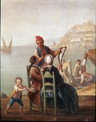 Un vendedor de pescado y una pareja, detalle, siglo XVIII, Museo Nazionale di San Martino, Nápoles