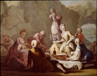 Escena de banquete en Posillipo (Pausilippe), Nápoles. Detalle de aristócratas de pícnic - Banquete en Posillipo - Detalle de aristócratas - Siglo XVIII, Museo Nazionale di San Martino, Nápoles