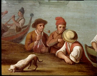 Escena de banquete en Posillipo (Pausilippe), Nápoles, detalle con pescadores - Banquete en Posillipo - detalle con pescadores. Pietro Fabris. Siglo XVIII. Museo Nazionale di San Martino, Nápoles