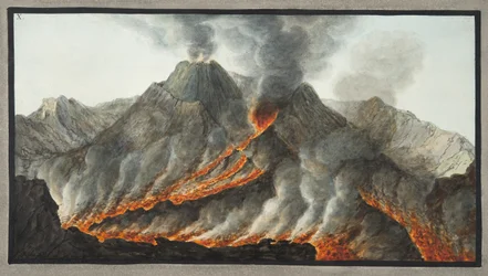 Cráter del monte Vesubio a partir de un dibujo original realizado en el lugar en 1756, lámina 10 de «Campi Phlegrai: Observaciones sobre los volcanes de las Dos Sicilias», por Sir William Hamilton (1730-1803)