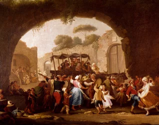 Escena de baile y fiesta popular en Nápoles, detalle. Bailarines de tarantela (tarantela, tarantela). Pietro Fabris (activo entre 1763 y 1776), siglo XVIII, Nápoles, Museo Nazionale di San Martino
