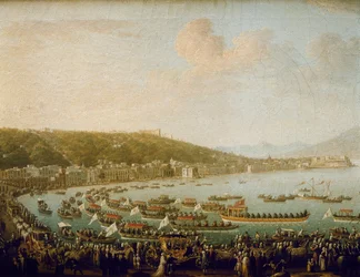 La salida de Carlos III de España (Carlos III) (1716-1788) de la Bahía de Nápoles (Italia). Pintura de Pietro Fabris (1756-1779), óleo sobre lienzo