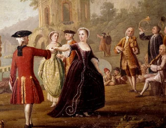 Noble escena de danza y fiesta en Nápoles. Bailarines en un parque. Siglo XVIII. Nápoles, Museo Nazionale di San Martino