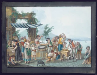 Comedores de espaguetis en la bahía de Nápoles, con el Vesubio al fondo (gouache sobre papel)