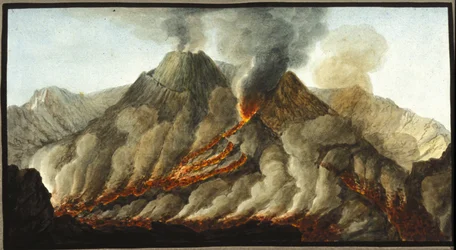 El Vesubio en erupción. Esta gouache fue realizada por Pierre Fabris, a petición de Sir William Hamilton, embajador inglés en Nápoles. Bibl. Braidense, Milán