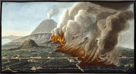 El Vesubio en erupción. Esta gouache fue realizada por Pierre Fabris, a petición de Sir William Hamilton, embajador inglés en Nápoles. Bibl. Braidense, Milán