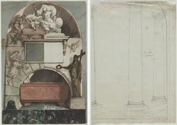 Diseño de un fresco de la tumba de un artista en la Certosa de Bolonia (anverso); Dibujo Arquitectónico de Columnas (verso)