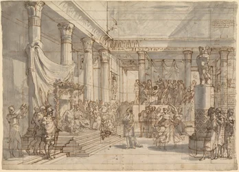 Timoteo tocando la lira ante Alejandro y Thaïs en el salón del palacio de Persépolis