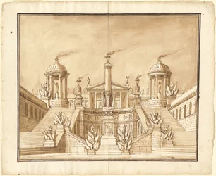 Fantasía de un antiguo capitolio con trofeos y grandes escaleras