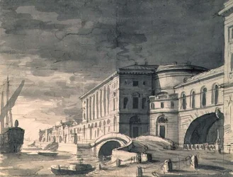 Vista del malecón del Neva con el Teatro Hermitage en el centro, después de 1802