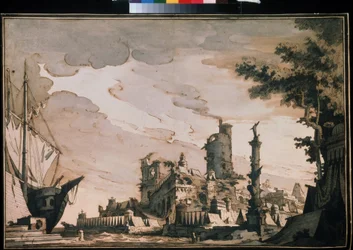 Decoración Teatro ""Vista De Un Puerto"". Acuarela de Pietro di Gottardo Gonzaga (1751-1831) 1818. Acuarela y tinta sobre papel. Moscú, Museo Pushkin