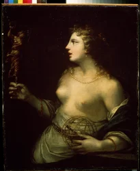 ""Urania"" (Urania) representación de la musa protectora de la astronomía y la astrología, sosteniendo una mano sobre una esfera. Pintura de Pietro Liberi (1614-1687) Museo de Arte Mikhail Kroshitsky del siglo XVII, Sebastopol (Sebastopol) Ucrania