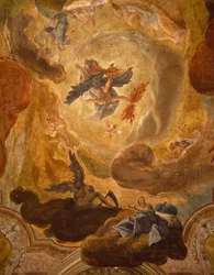 Italia, Venecia, Gran Escalera en Palazzo Sagredo, caída de los gigantes, fresco por Pietro Longhi