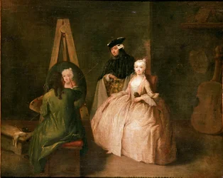 El estudio del pintor. El pintor frente a su caballete retrata a una joven. Pintura de Pietro Longhi (1702-1785) 1740-1745