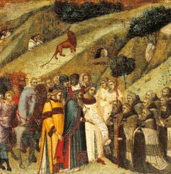 Primeros ermitaños carmelitas en el manantial de Elías, (detalle) de la predela del retablo para Carmine, Pietro Lorenzetti (circa 1280-1348), temple y oro sobre tabla de madera