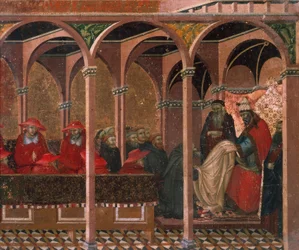 Honorio III aprobando la regla carmelita, detalle del predela del retablo para Carmine