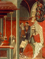 Honorio III aprobando la regla carmelita (detalle) de la predela del retablo del Carmine, por Pietro Lorenzetti